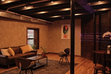 Warm evening view of the brwnbox lounge